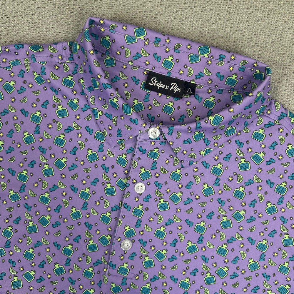 Stripe & Pipe Golf Co Polo Shirt Mens XL Purple Tequila Lime Novelty Stretch AOP
